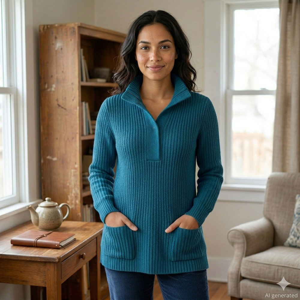 Soft Surroundings Womens Sweater Size S Teal Ribbed Mock Neck Tunic Classic Cozy